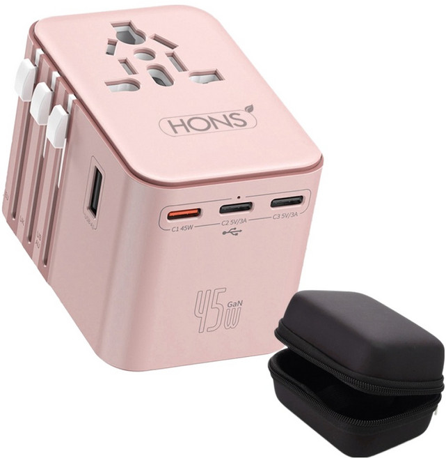 혼스 해외 여행용 멀티 어댑터 PD45W GaN고속 2500W 5구 충전 HSTA-45W5, 핑크, 1개