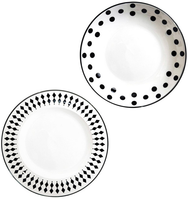 Homely Zakka 北歐經典復古黑白浪漫系列 陶瓷餐盤西餐深盤2件組, 赫本菱格 + 赫本點點 黑色 + 白色, 1組