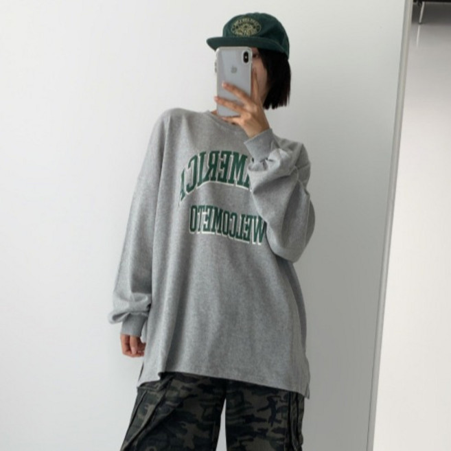 라라온 여성용 오버핏 레터링 긴팔 티셔츠 TSP3122