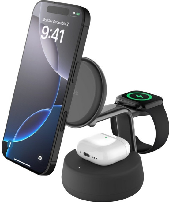 벨킨 울트라차지 프로 3in1 Qi2 25W 마그네틱 초고속 무선 충전기 스탠드형 WIZ040krCH, 차콜, 1개