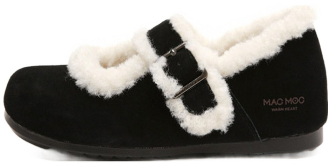 마크모크 여성용 푸우 소가죽 밴딩 방한플랫 털단화