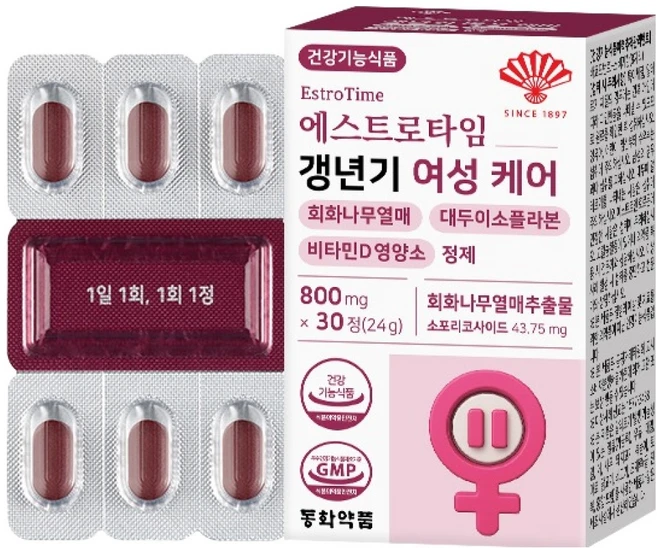 동화약품 에스트로타임 갱년기 여성 케어 회화나무열매 대두이소플라본 비타민D 영양제, 30정, 1개 - 쿠팡