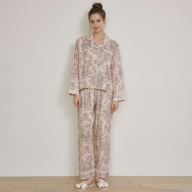 루나루즈 여성용 베르사유 모달 코튼 긴소매 레이스 카라 잠옷 상의 + 하의 세트