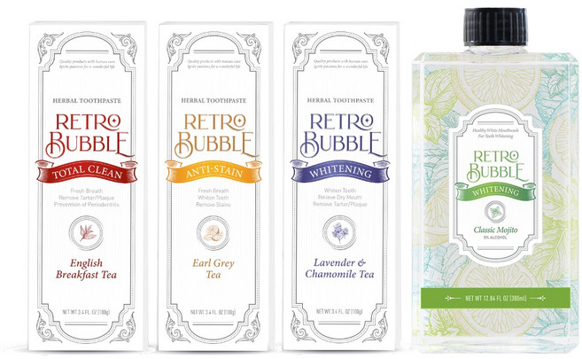 RETRO BUBBLE 草本無氟牙膏 英式早餐茶 + 伯爵下午茶 + 晚安舒緩茶 3入組 + 無酒精漱口水 經典Mojito 350ml, 100g, 1組
