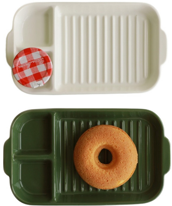 오데뜨 도자기 3칸 나눔 앞접시, 딥그린+화이트, 2개