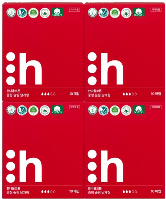 한나올코튼 유기농커버 순면생리대 슬림 날개형, 중형, 10개입, 4개