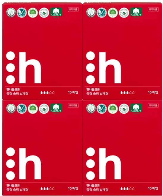 한나올코튼 유기농커버 순면생리대 슬림 날개형, 중형, 10개입, 4개 - 쿠팡