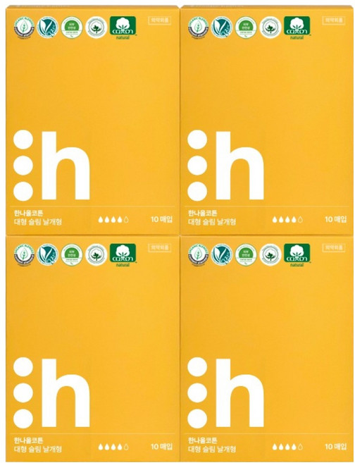 한나올코튼 유기농커버 순면생리대 슬림 날개형, 대형, 10개입, 4개