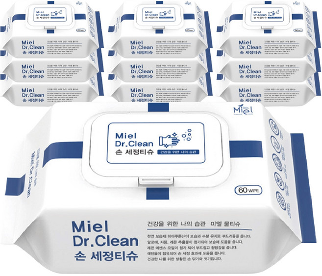 미엘 닥터클린 손 세정티슈 캡형 50g, 60개입, 10개