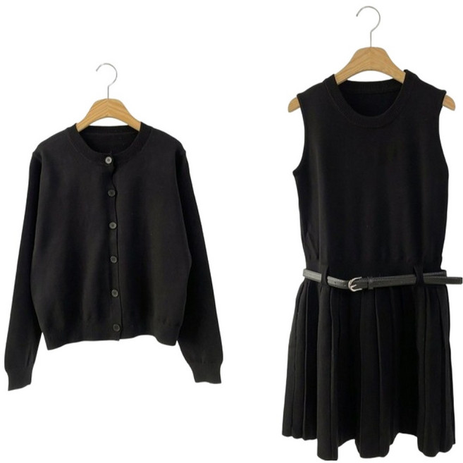 라일가 니트 가디건 + 민소매 플리츠 니트 원피스 + 벨트 세트 cpset3818k58