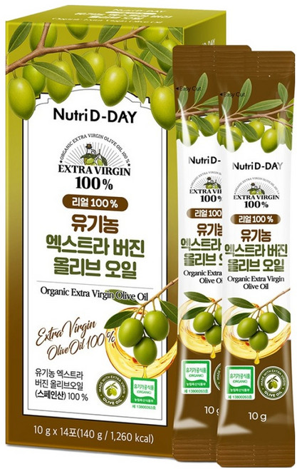 뉴트리디데이 리얼100% 유기농 엑스트라 버진 올리브 오일 14p, 140g, 1개