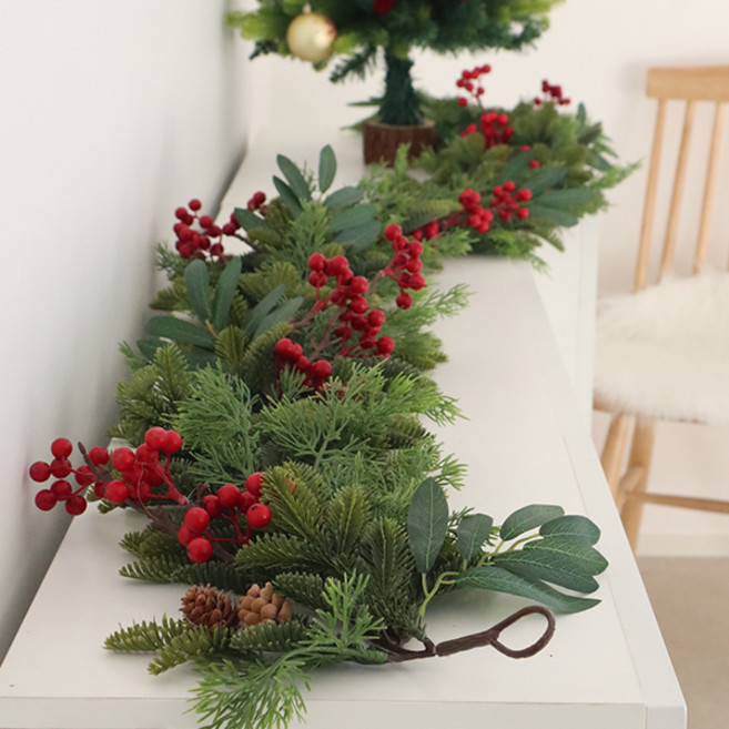 모리앤 윈터 블라썸 롱 크리스마스 리스 + 조명 세트, 그린, 리스(길이 200cm), 1세트