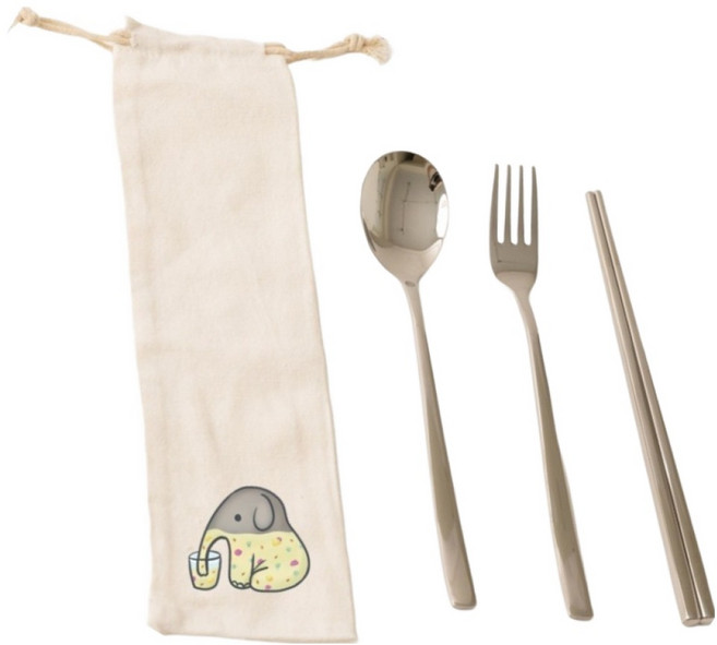 YCCT 316不鏽鋼筷叉匙收納袋4件組 大象, 筷子 + 叉子 + 湯匙 + 收納袋, 1套, 米色