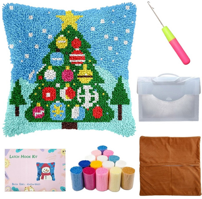 니뜨 크리스마스 쿠션커버 스킬자수 DIY 세트, 1세트, 트리