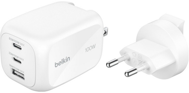 벨킨 부스트차지 프로 100W 3포트 GaN 초고속 충전기 WCH016krWH, 화이트, 1개