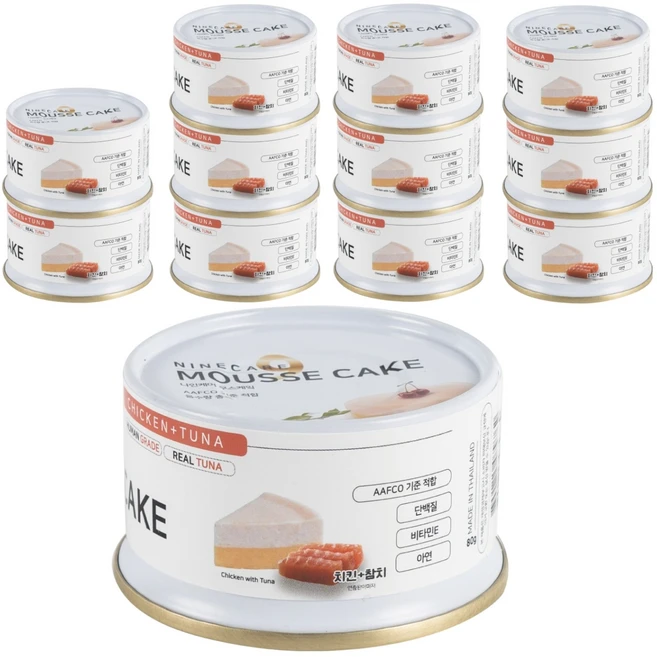 나인케어 전연령 고양이 무스케이크 간식캔, 혼합맛(닭고기/참치), 80g, 12개 - 쿠팡