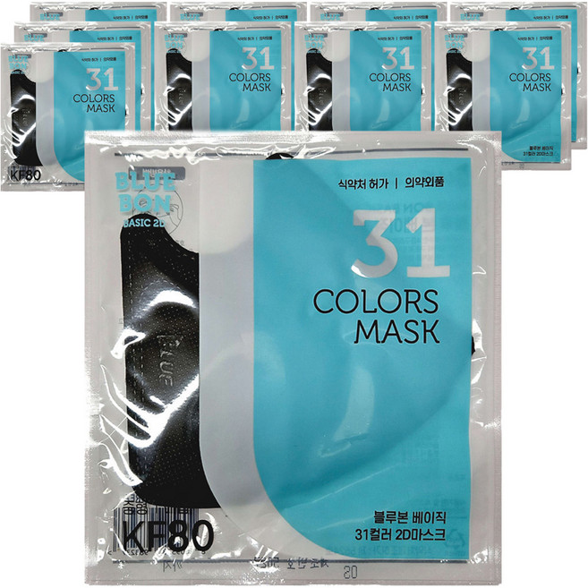 블루본 베이직 31컬러 투디 마스크 중형 KF80, 검정색, 10개, 1개입