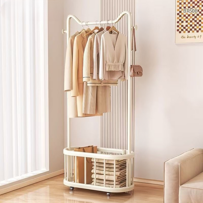 프롬파파 이동식 바퀴 싱글폴 옷걸이, 크림 화이트