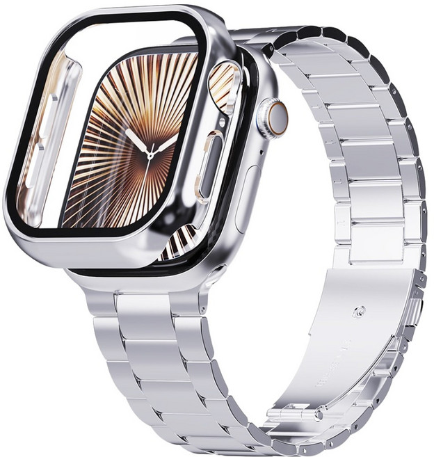 칸탐 애플워치 메탈 스트랩 + 풀커버 케이스 세트, 실버, 1세트
