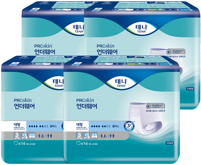 테나 남녀공용 언더웨어 플러스 성인기저귀, 대형, 14개입, 4개
