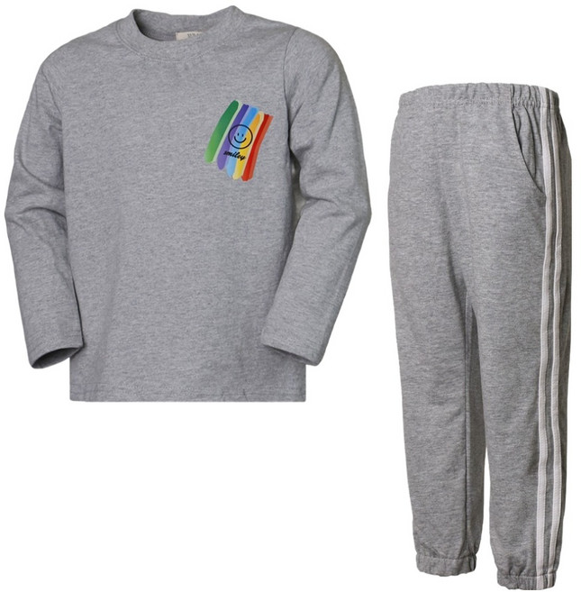 유라비 아동용 레인보우 스마일 긴팔 면 라운드 티셔츠 + 윌터 기본핏 라인 밴딩 팬츠 세트