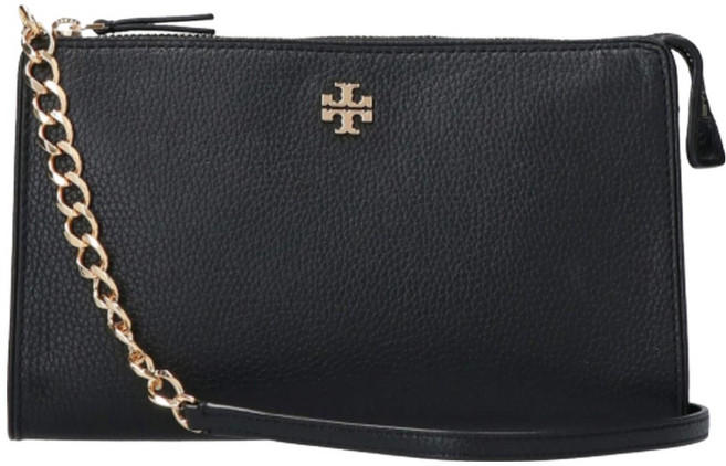 TORY BURCH 雙T LOGO皮革拉鍊斜背包 S1067318, 黑色