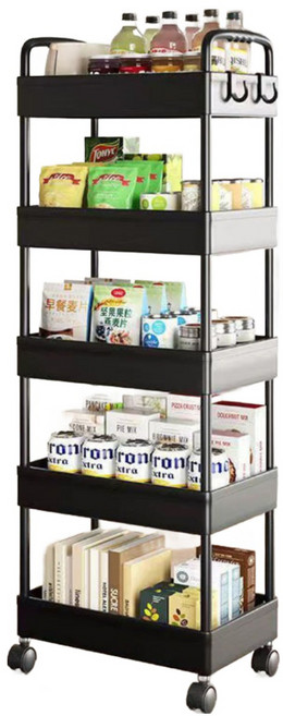 이동식 다기능 플라스틱 틈새 선반 트롤리 + 후크 2p 세트, 블랙, 5단