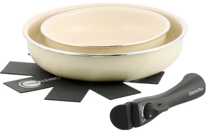 GREEN PAN IH爐適用 ClickChef 鑽石陶瓷塗層不沾鍋4件組 不挑爐具 天然無毒, 奶油白, 1套, 20公分深煎鍋 + 26公分深煎鍋 + 鍋具保護墊 + 可拆式電木把手