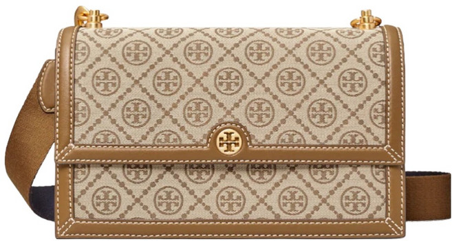 TORY BURCH 緹花拼接皮革斜背包 S1081863, 卡其色 + 駝色