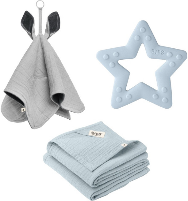 BIBS 織夢禮盒3件組, 固齒器 + 有機棉安撫巾 + 袋鼠安撫巾, 1套, 寶貝藍