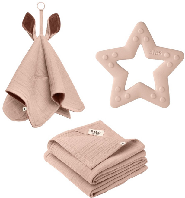 BIBS 織夢禮盒3件組, 固齒器 + 有機棉安撫巾 + 袋鼠安撫巾, 1套, 腮紅色