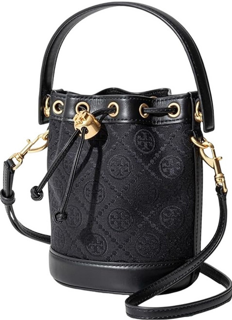 TORY BURCH 緹花織布拼接皮革束口水桶包, 黑色