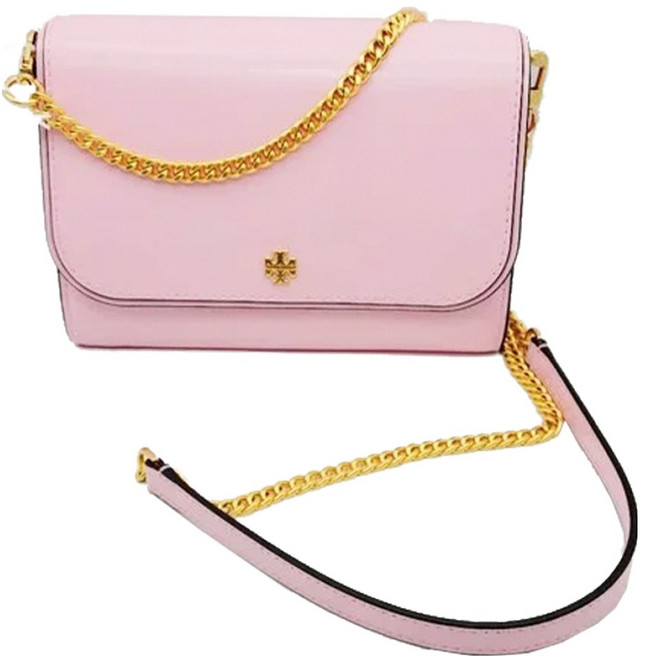TORY BURCH 素面皮革翻蓋斜背鏈包, 粉紅色