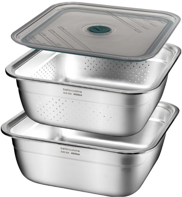 벨라쿠진 무연마제 스텐 304 사각 믹싱볼 채반 2종 세트 4L, 사각믹싱볼 + 채반 + 뚜껑, 1세트