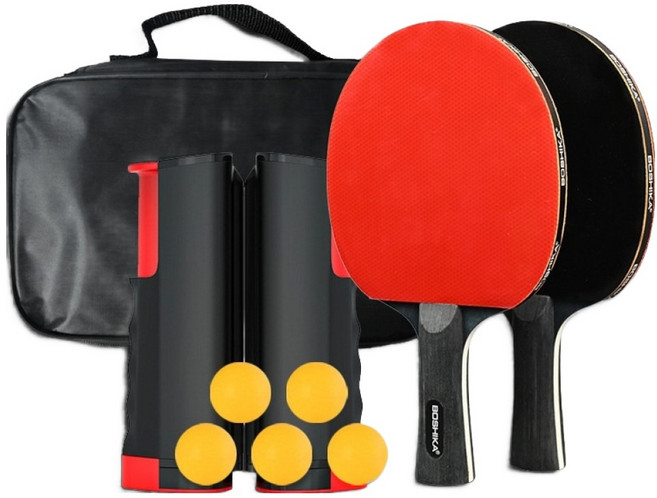 BOSHIKA 트레이닝 탁구 라켓 2p + 탁구공 5p + 탁구네트 + 가방 세트, 1세트