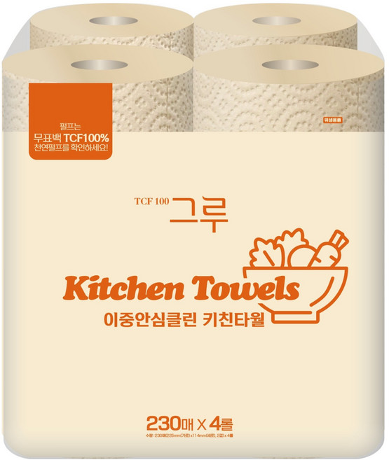 그루 이중안심 천연펄프 키친타월 230p, 1개, 4롤
