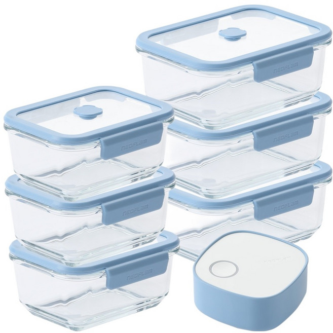 네오플램 베큐씰 진공 내열유리 직사각 밀폐용기 세트, 1세트, 570ml x 3p + 950ml x 3p +진공 펌프