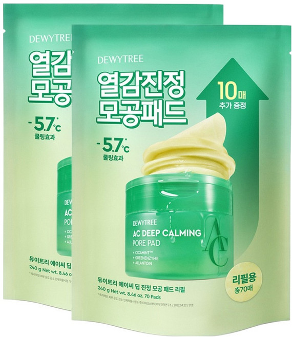 듀이트리 에이씨 딥 진정 모공 패드 리필, 70매입, 240g, 2개