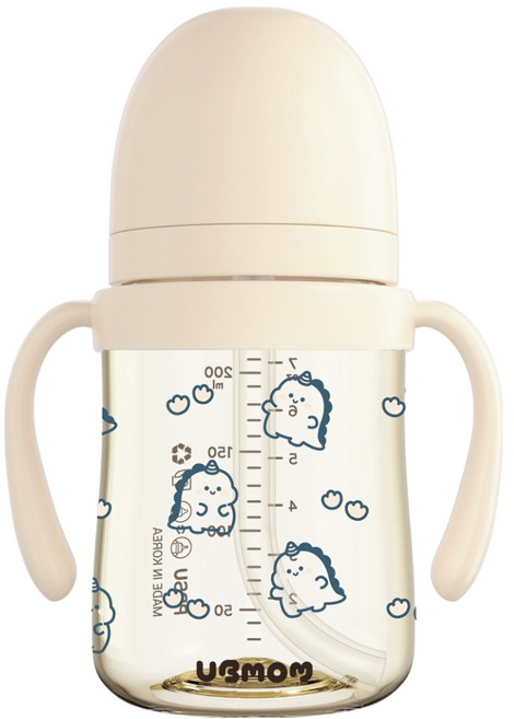 유비맘 유아용 국내 제조 공룡 디자인 PPSU 역류 물샘방지 빨대컵, 200ml, 1개, 베이지(요거트)