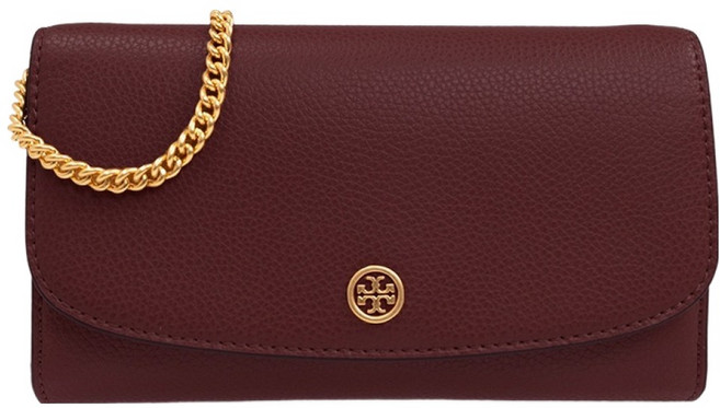 TORY BURCH 素面皮革翻蓋斜背鍊包, 酒紅色