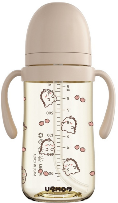 유비맘 유아용 국내 제조 공룡 디자인 PPSU 역류 물샘방지 빨대컵, 280ml, 1개, 브라운(초코)