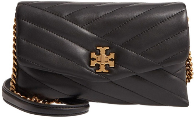 TORY BURCH 縫線斜紋皮革斜背鍊包, 黑色