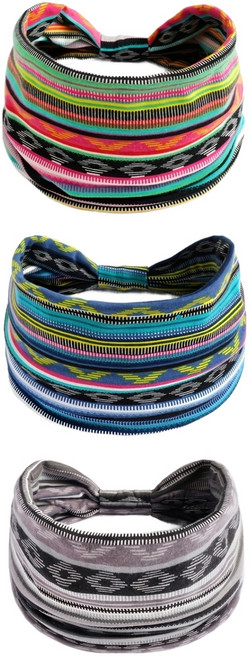 모인스포츠 보헤미안 스포츠 헤어밴드 3종 세트, 트로피컬, 블루, 그레이, 1세트