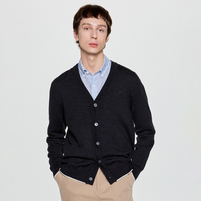 헤지스 남성용 파인 울 솔리드 배색 브이넥 가디건