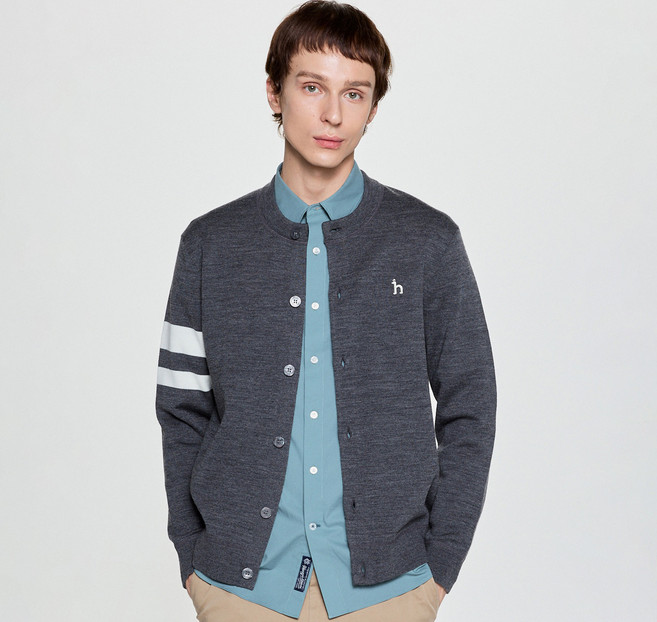 헤지스 남성용 울혼방 소매 배색 라운드 가디건