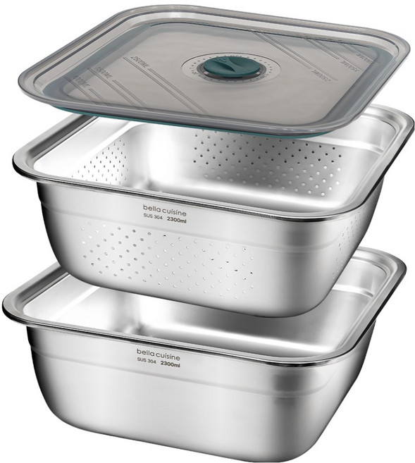 벨라쿠진 무연마제 스텐 304 사각 뚜껑 믹싱볼 채반 2종 세트 2.3L, 믹싱볼 + 채판 + 뚜껑, 1세트