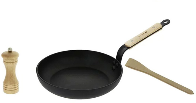 de Buyer 畢耶 原礦木柄不沾鍋 全球限定禮盒組, 24 公分平底鍋 + 香料研磨罐 + 木鏟, 黑色, 1套