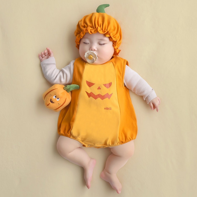 이키 유아용 할로윈 벌룬 펌킨 바디슈트 + 모자 + 호박 딸랑이 세트
