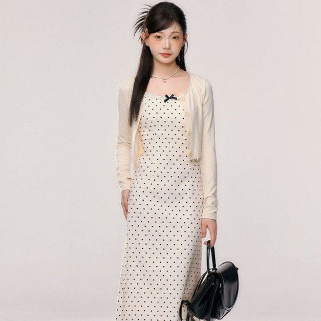 피어니스트 롱/미니 기장 도트 원피스 + 니트 가디건 세트