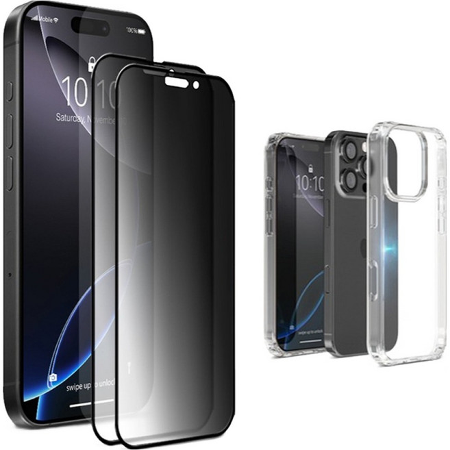 모빌앤조이 풀커버 프라이버시 강화유리 액정보호필름 2p + 클리어핏 휴대폰 케이스 세트, 1세트